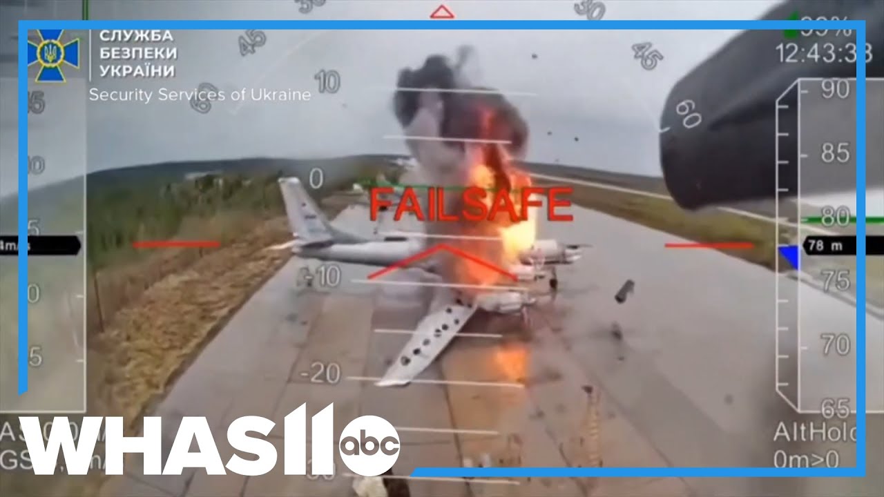 Dramatic video shows Ukraine drone attack on Russian warplanes