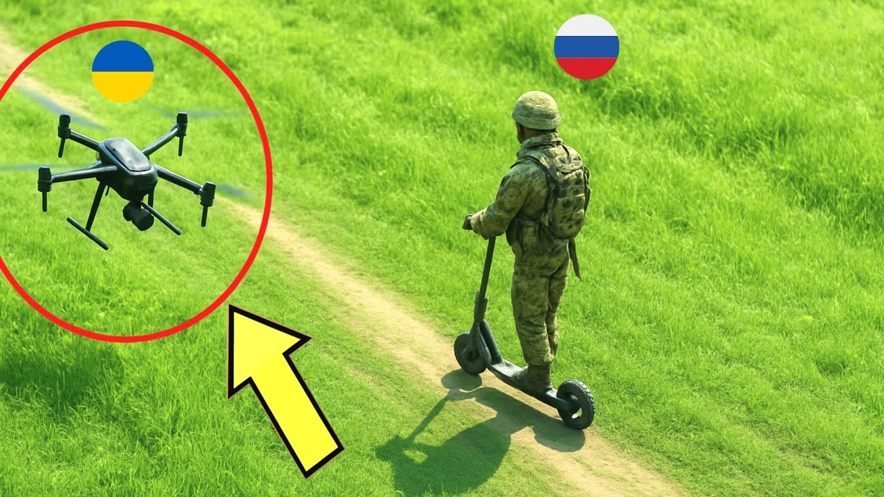 Ukrainian FPV Drones Target Russian Troops on Scooters in Open Terrain