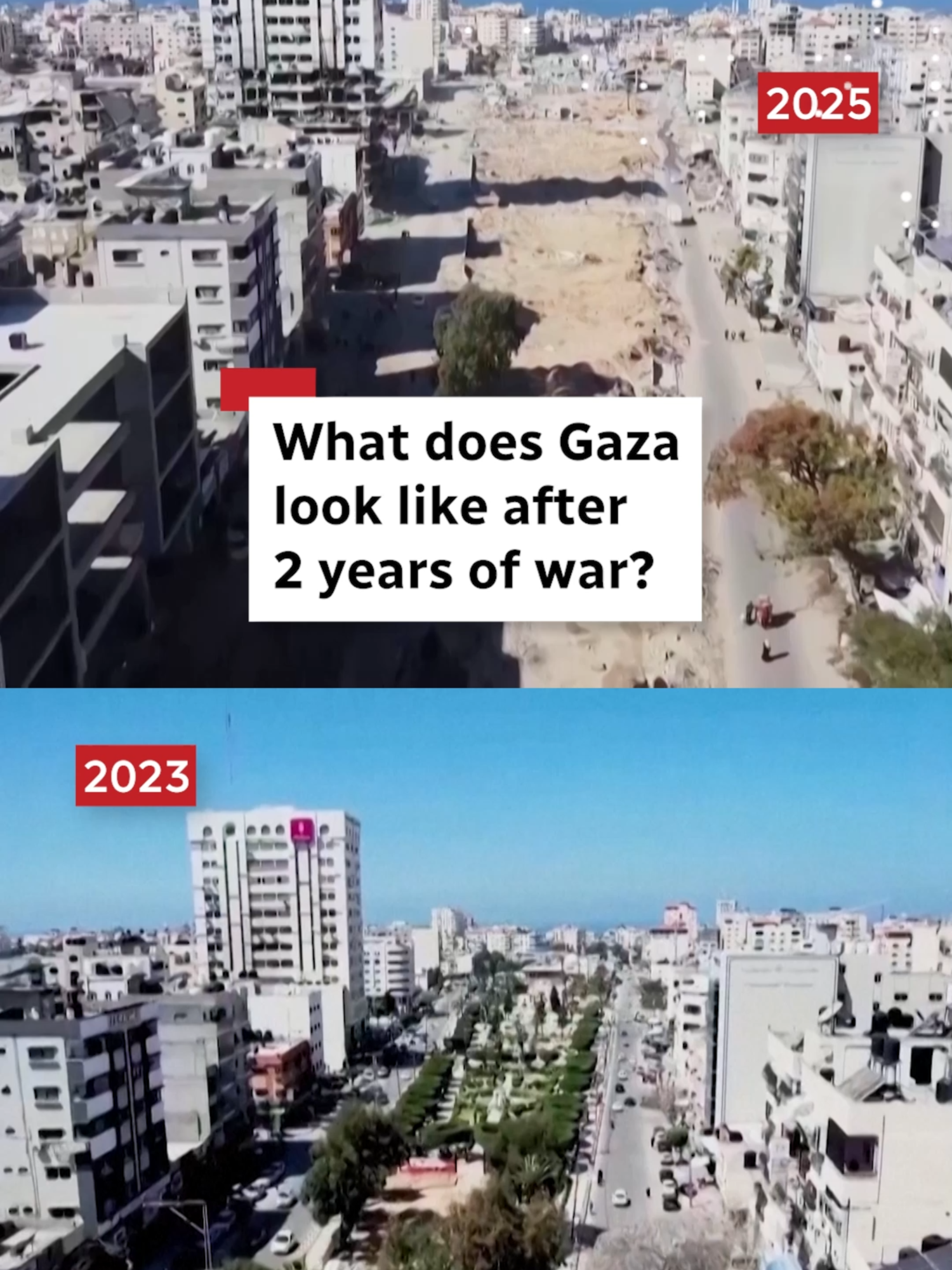 Il s'agit d'images de drones au-dessus de la bande de Gaza, avant et après deux ans de destruction.