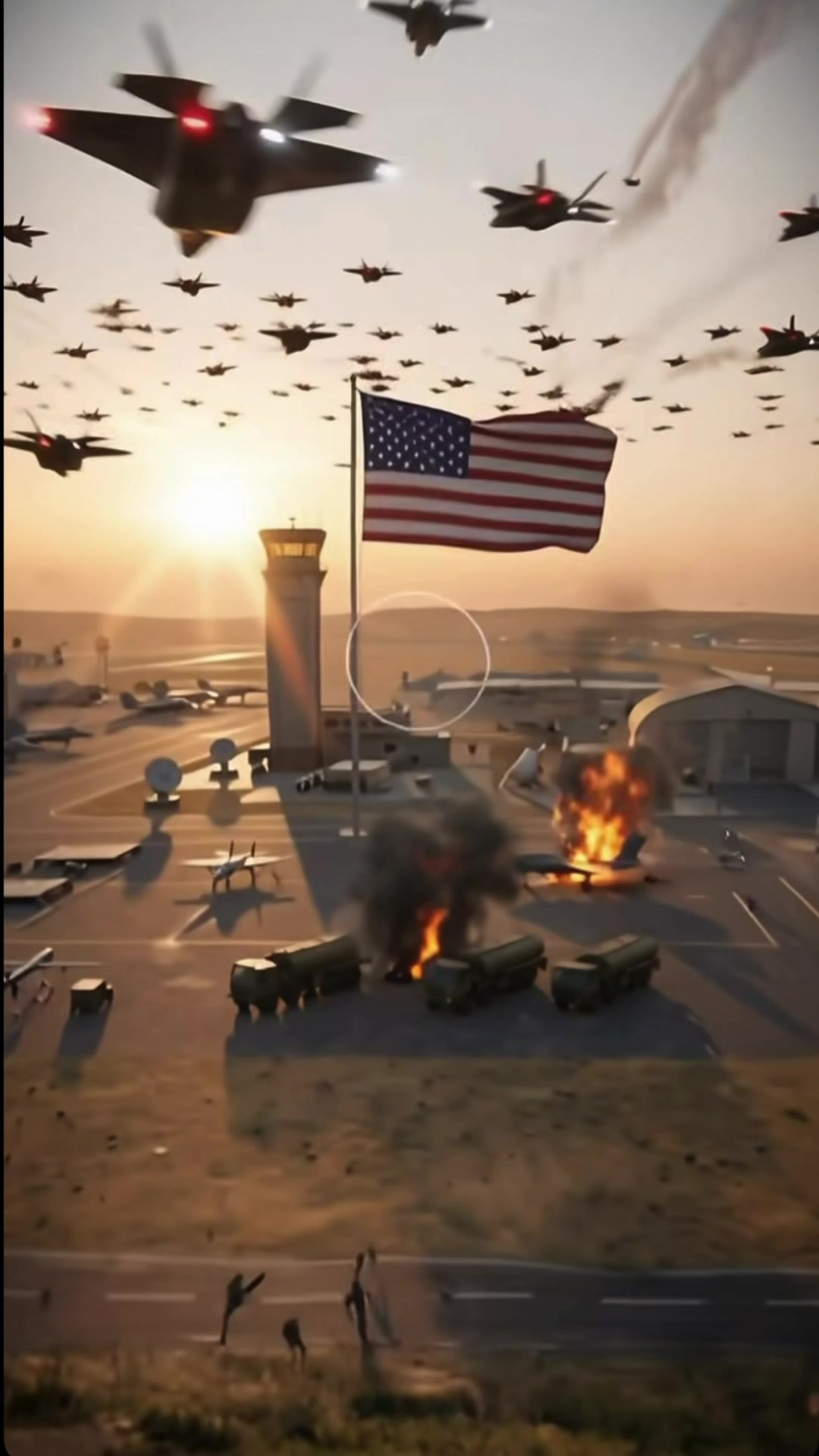 Des centaines de drones de combat rapides submergent les bases militaires américaines lors d’une frappe soudaine et coordonnée. Des explosions, des incendies et la panique se sont propagés dans toute la zone alors que la foule attaquait de tous côtés. Le drapeau américain fume toujours malgré le vandalisme