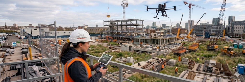 To illustrate a drone pilot flying a LiDAR mounted drone over a construction site