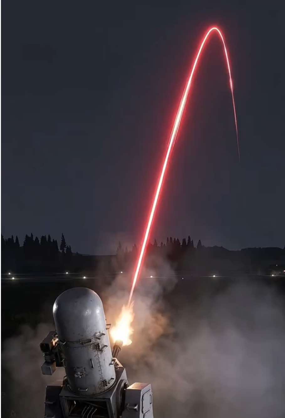 SYSTÈME C-RAM INTERCEPTANT LES MENACES AVEC DES RONDS TRACEURS. C'EST UNE IMAGE SIMULÉE C